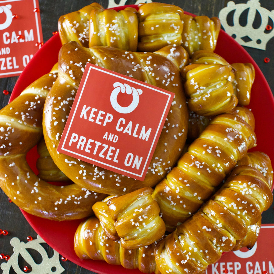 Variety soft pretzels with Keep Calm and Pretzel On sticker