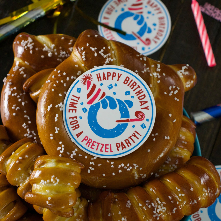 Variety soft pretzels with Happy Birthday sticker