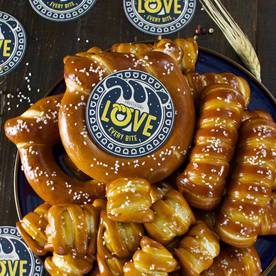 Variety soft pretzels with Eastern Standard Provisions sticker